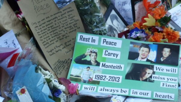 Rest in Peace Cory Monteith sign on his memorial outside the Fairmont Pacific Rim in Vancouver