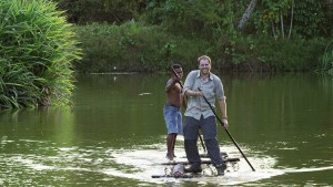 In order to get to a remote village on the island of Viti Levu in Fiji, Josh Gates utilizes a bili bili bamboo raft.