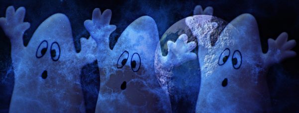 ghosts superimposed on cloudy full moon night background