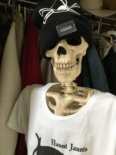 Skeleton in closet with skull and crossbones hat