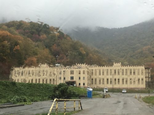 Brushy Mountain State Penitentiary through a rain soaked windshield
