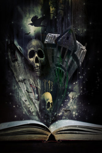 haunted house and skeleton materializing from book