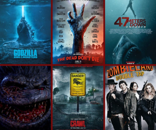 Collage of Godzilla Zombieland Crawl Dead Don't Rise 47 Meters Down movie posters