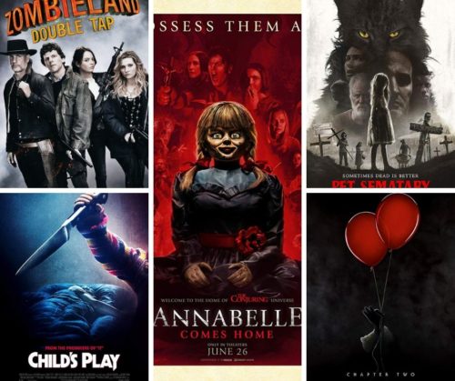 Horror Movie Poster Collage of Zombieland Double Tap, Pet Sematary, Child's Play, Annabelle Comes Home and It Chapter Two