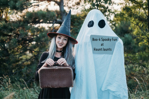 Witch and ghost with packed bags