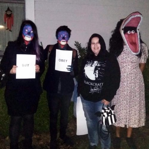 Them aliens and Beetlejuice monster at Myers House NC Halloween Party