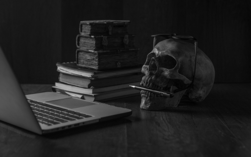 skull with pencil in mouth and glass on head looking at laptop with a stack of books next to it