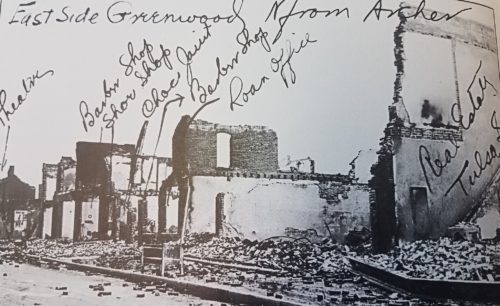 Handwritten notes on a photograph detailing where businesses were located after Tulsa Race Riot