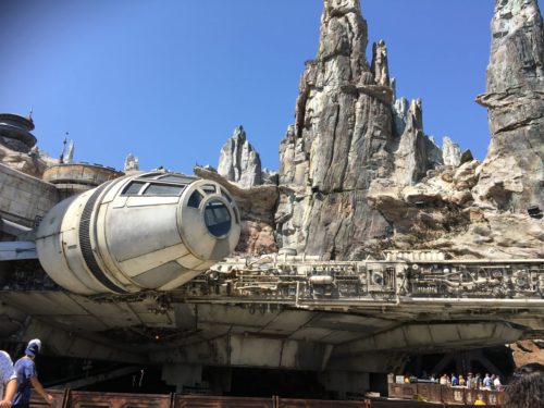 Millennium Falcon at the Black Spire Outpost on Batuu at Star Wars: Galaxy's Edge in Disneyland