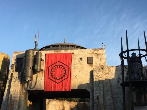 The First Order's flag on display at the Black Spire Outpost on Batuu at Star Wars: Galaxy's Edge
