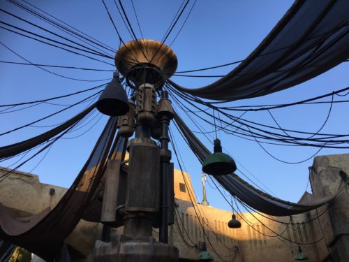 Looking up in the marketplace at Star Wars: Galaxy's Edge at Disneyland