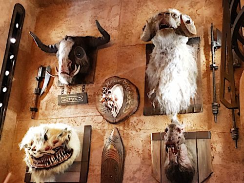 Trophy wall inside Dok-Ondar's Den of Antiquities at Galaxy's Edge