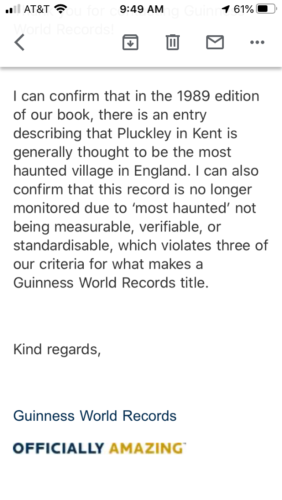Officially Amazing Guinness World Records response to inquiry about 1989 Most Haunted Village inquiry