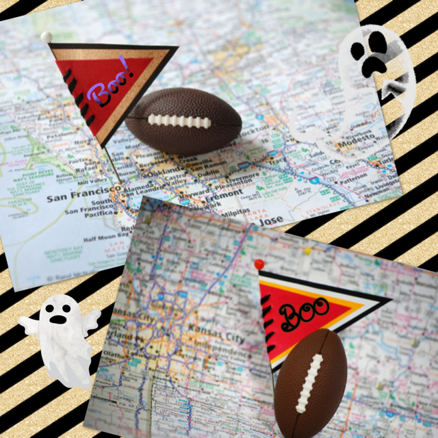 Miniature footballs and pins on maps pinpointing San Francisco and Kansas City with ghosts