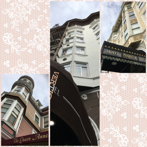 Collage of hotels of Sutter Street hotels, the Vertigo, the Majestic and the Queen Anne