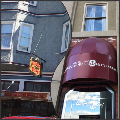 Side by side collage of the facades of the Alaskan Hotel and the Historic Anchorage Hotel