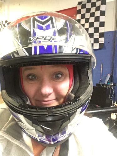 Courtney Mroch in helmet ready to race at Music City Indoor Karting