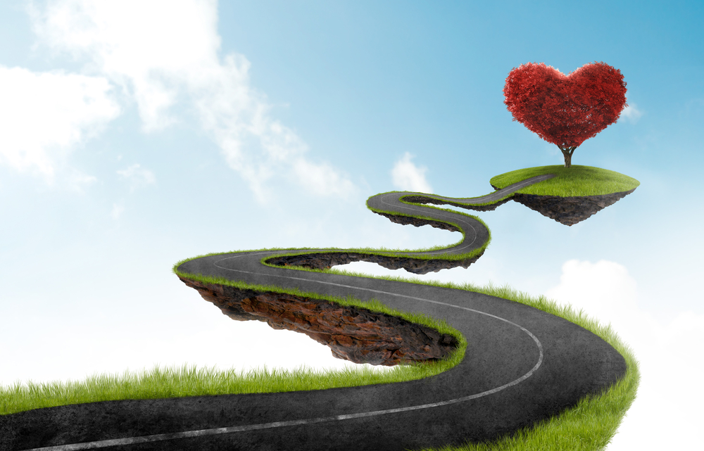 Surreal road winding through the sky leading to a heart-shaped tree