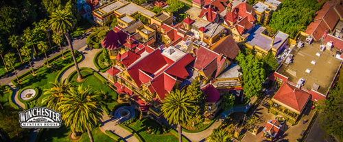 Aerial view of Winchester Mystery House with their l