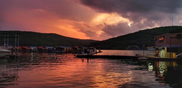 Floating cabins at Hales Bar Marina at sunset