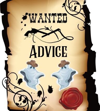 Old West Wanted poster with advice and two ghosts wearing cowboy hats