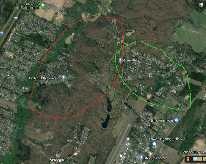 Circled aerial view map of Cleveland Tennessee area
