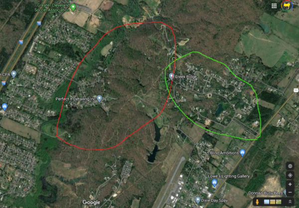 Circled aerial view map of Cleveland Tennessee area in association with Green's Caverns