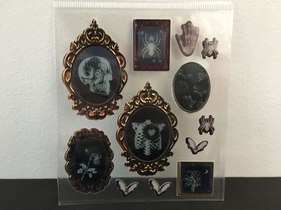 a pack of framed lenticular skull stickers