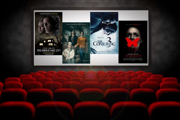 Posters on a screen in a theater of summer 2020s haunted house movies
