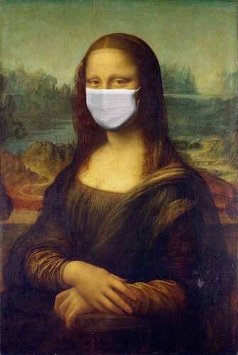 Coronavirus era travel Mona Lisa Painting in a face mask