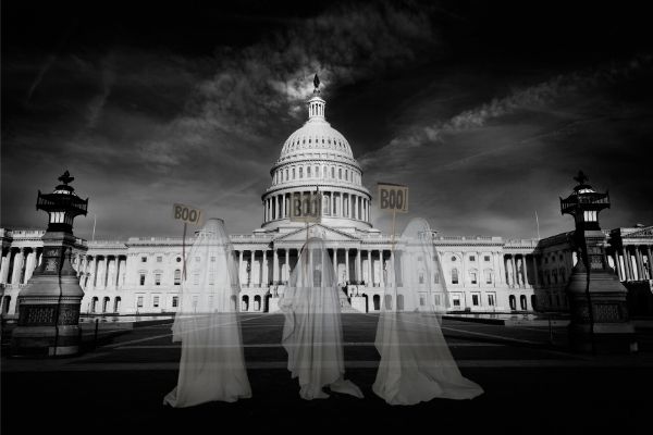 Haunted capitals black and white capitol building with three ghosts in front