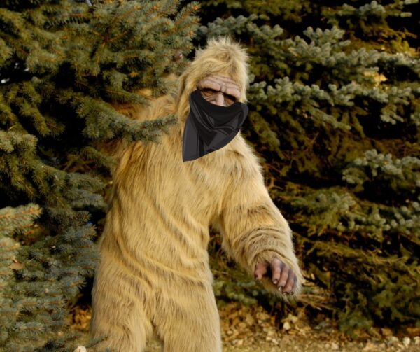 Bigfoot peeking out from behind pine tree wearing a blask mask bandana