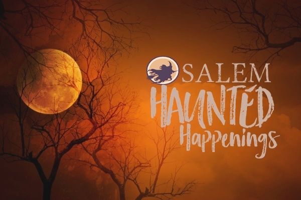 Salem Haunted Happenings 2020 logo on orange Halloween background with moon and branches