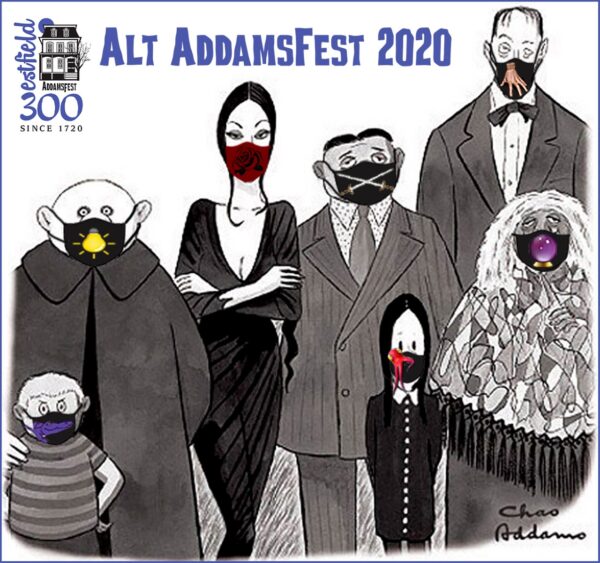 Alt Addamsfest 2020 logo with Addams Family in face masks