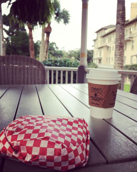 Breakfast sandwich and coffee at Jekyll Island Club's patio