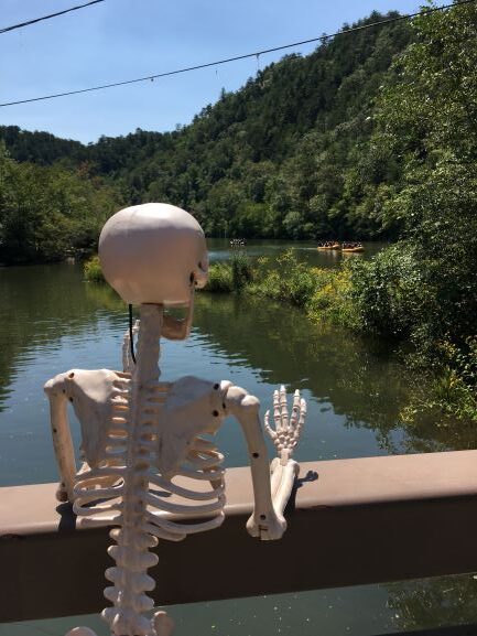 Skeleton watching rafters on a river