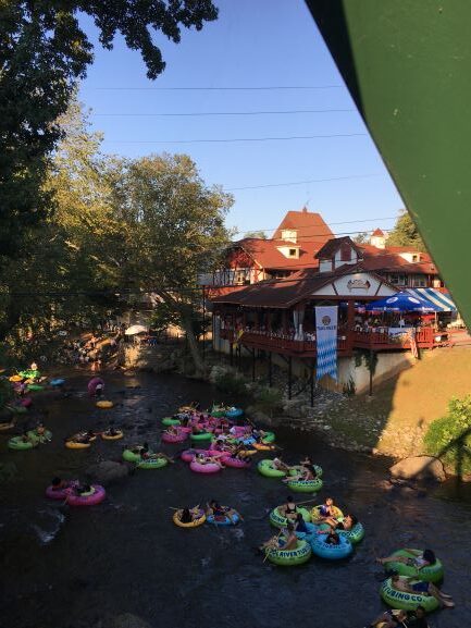 Tubers floating under bridge in Helen GA