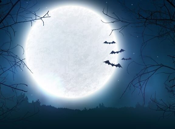Full moon on Halloween with bats on blue background
