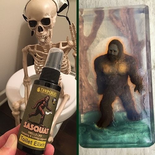 Skeleton on a toilet with Sasquat toilet elixir and Bigfoot soap