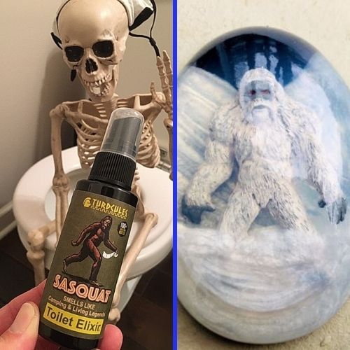 Skeleton on a toilet with Sasquat toilet elixir and Yeti soap