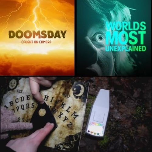 Travel Channel Collage of Doomsday Caught on Camera, World's Most Unexplained, a Ouija Board and an EMF detector from Paranormal Caught on Camera