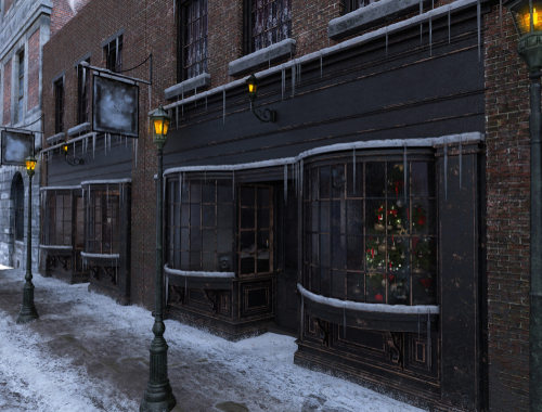 Dark and creepy victorian street store front with Christmas tree in window