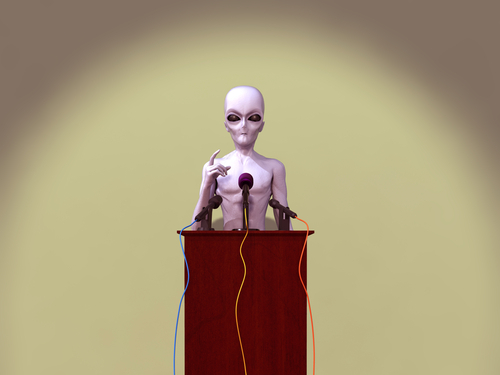 Alien at a podium during press conference