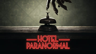 Hotel Paranormal logo with creepy finger pressing bell