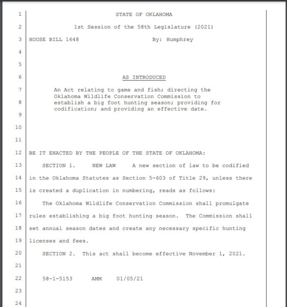 Screenshot of Oklahoma Bigfoot Hunting Season Bill