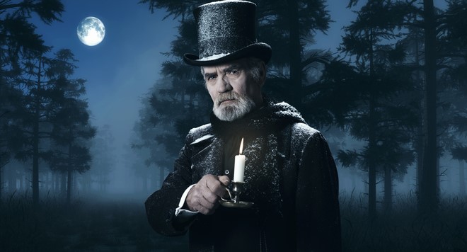 Dickens Scrooge Man with Candlestick in Foggy Winter Forest.