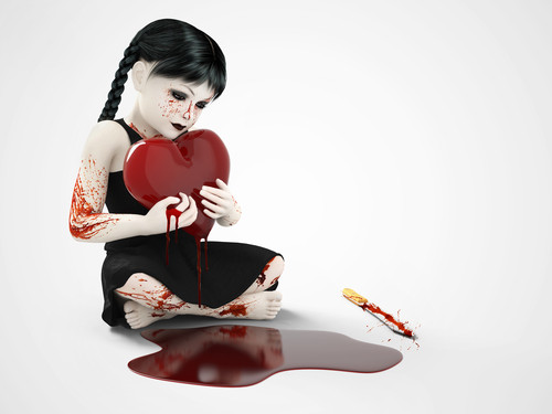 Gothic haunted looking girl holding a heart in front of a puddle of blood with knife on the ground.
