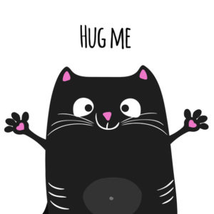 Cartoon black cat with open arms and hug me caption cute