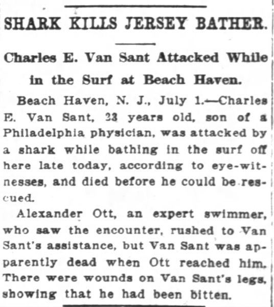 Newspaper clipping about Charles E. Van Sant 1916 shark attack