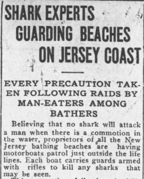 Clipping from 1916 shark attacks about safety precautions implemented at that time.